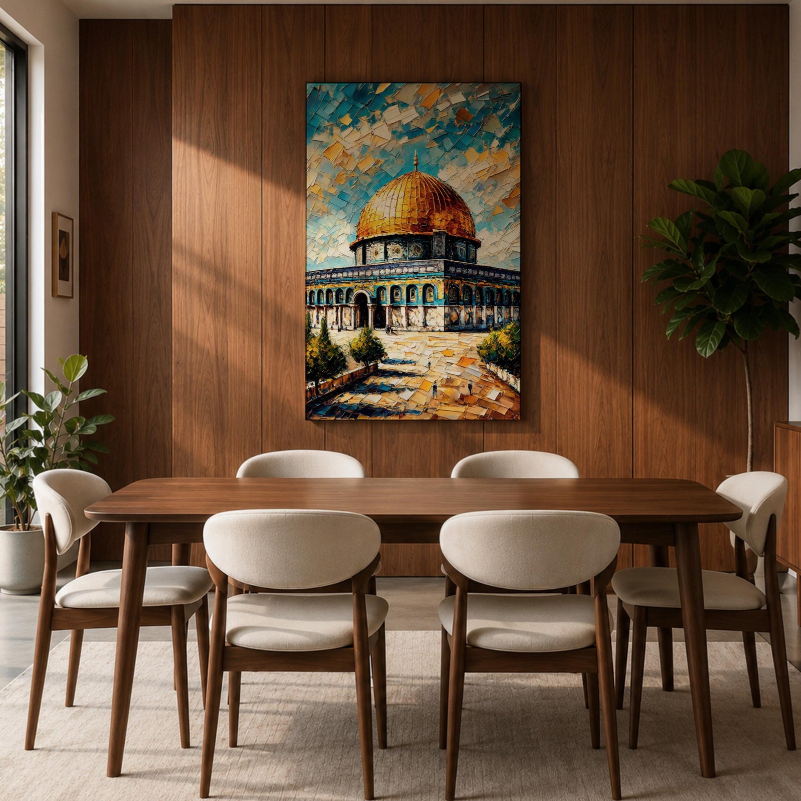 Oil painting style artwork of the golden dome of Masjid Al Aqsa in Jerusalem with textured brushstrokes and vibrant sky above the historic mosque complex.