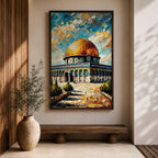 Oil painting style artwork of the golden dome of Masjid Al Aqsa in Jerusalem with textured brushstrokes and vibrant sky above the historic mosque complex.