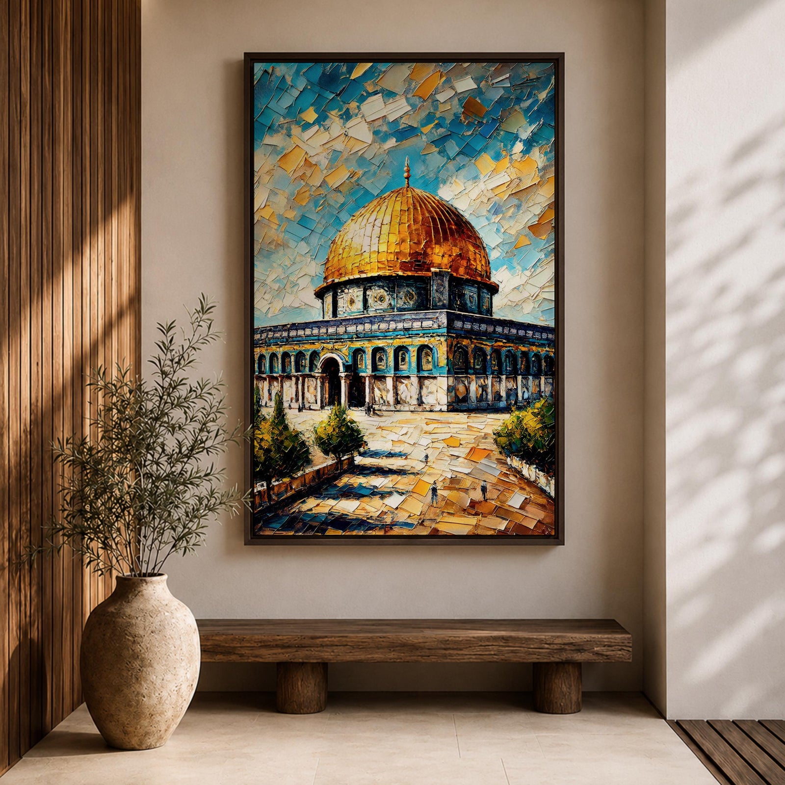 Oil painting style artwork of the golden dome of Masjid Al Aqsa in Jerusalem with textured brushstrokes and vibrant sky above the historic mosque complex.