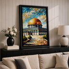 Oil painting style artwork of the golden dome of Masjid Al Aqsa in Jerusalem with textured brushstrokes and vibrant sky above the historic mosque complex.