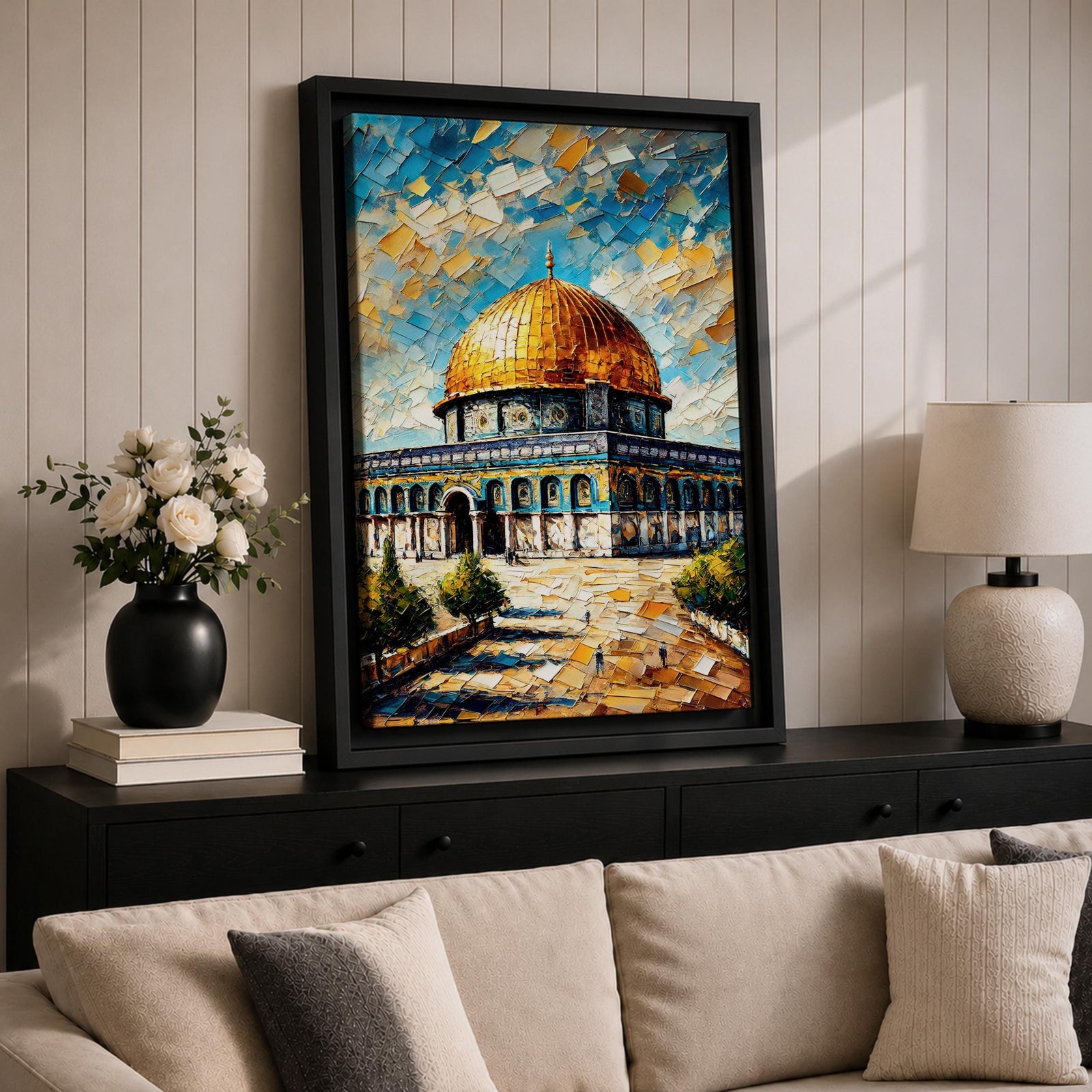 Oil painting style artwork of the golden dome of Masjid Al Aqsa in Jerusalem with textured brushstrokes and vibrant sky above the historic mosque complex.