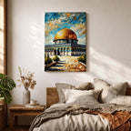 Oil painting style artwork of the golden dome of Masjid Al Aqsa in Jerusalem with textured brushstrokes and vibrant sky above the historic mosque complex.