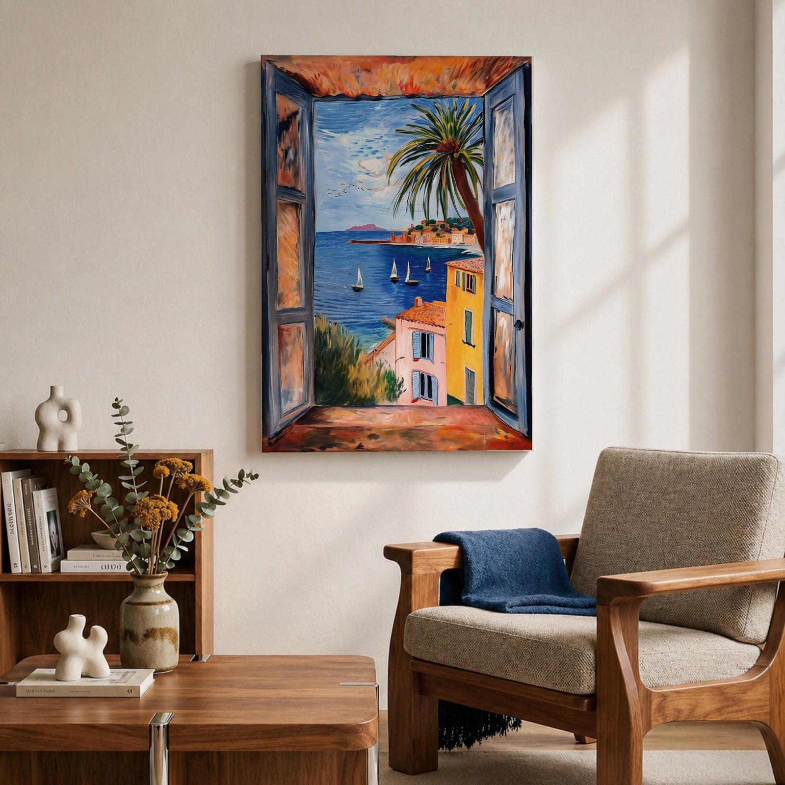 A framed canvas artwork depicting a coastal window view overlooking a Mediterranean ocean scene with sailboats on blue water, colorful buildings with terracotta roofs, and a palm tree, rendered in a realistic style capturing the serene seaside landscape.