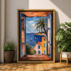 A framed canvas artwork depicting a coastal window view overlooking a Mediterranean ocean scene with sailboats on blue water, colorful buildings with terracotta roofs, and a palm tree, rendered in a realistic style capturing the serene seaside landscape.