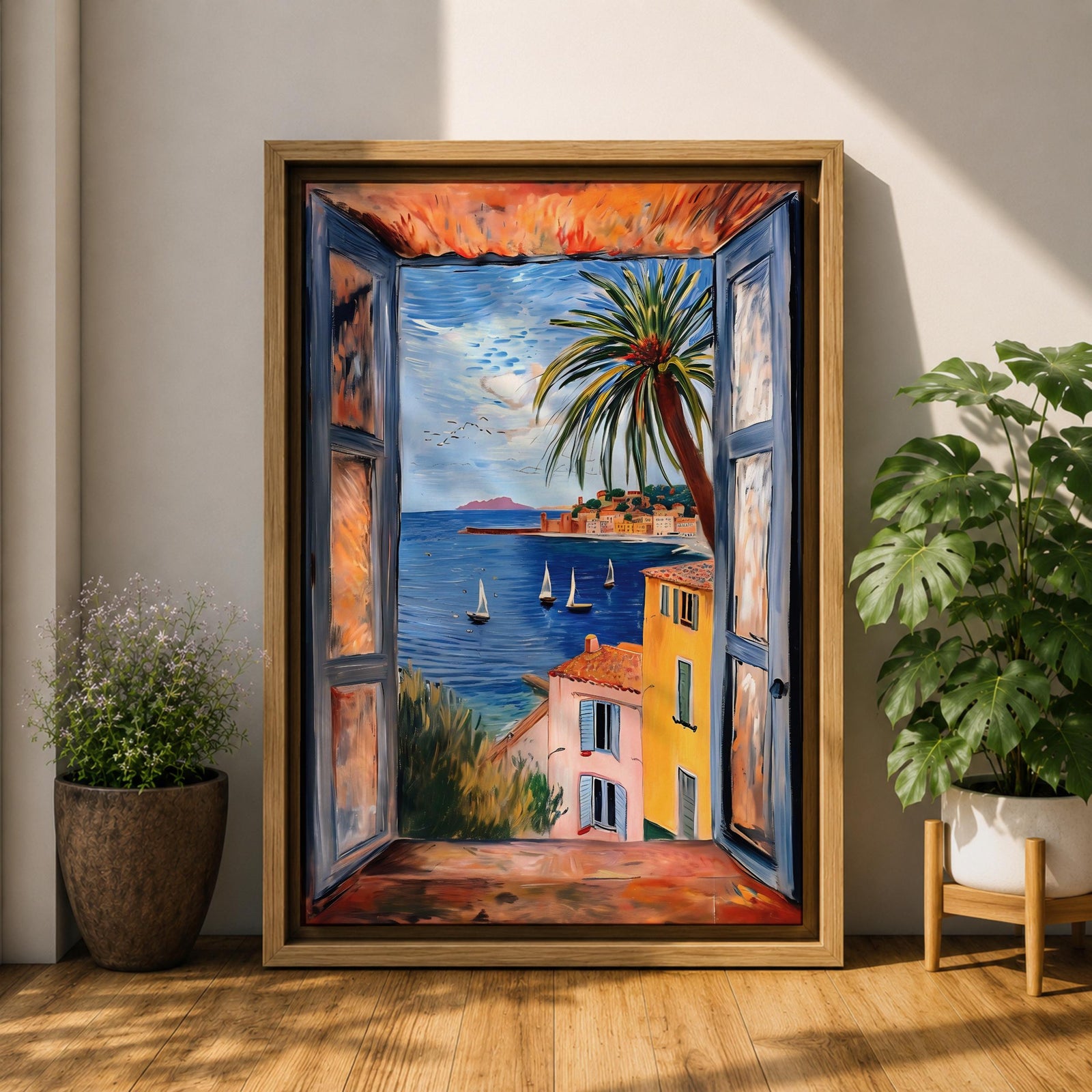 A framed canvas artwork depicting a coastal window view overlooking a Mediterranean ocean scene with sailboats on blue water, colorful buildings with terracotta roofs, and a palm tree, rendered in a realistic style capturing the serene seaside landscape.