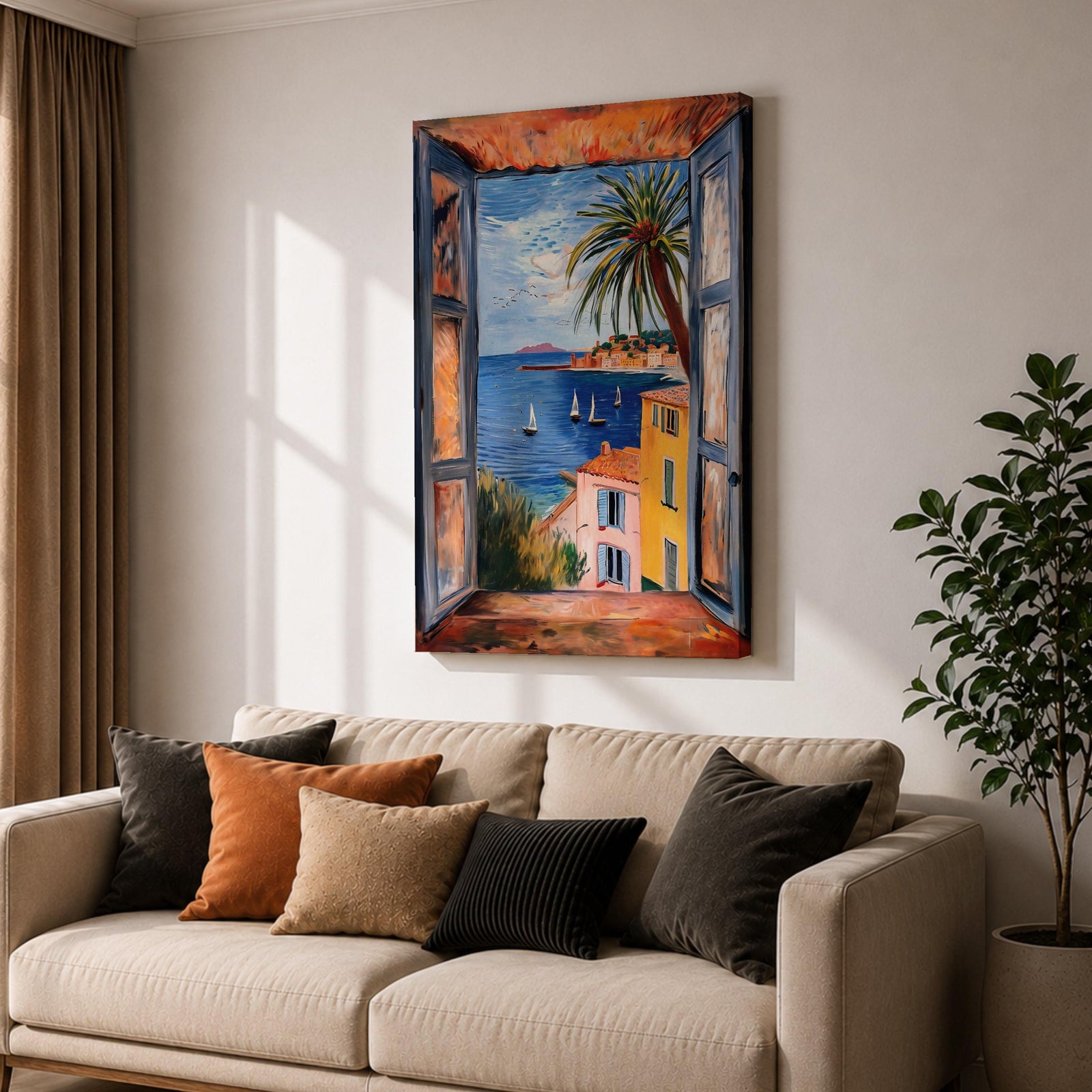 A framed canvas artwork depicting a coastal window view overlooking a Mediterranean ocean scene with sailboats on blue water, colorful buildings with terracotta roofs, and a palm tree, rendered in a realistic style capturing the serene seaside landscape.