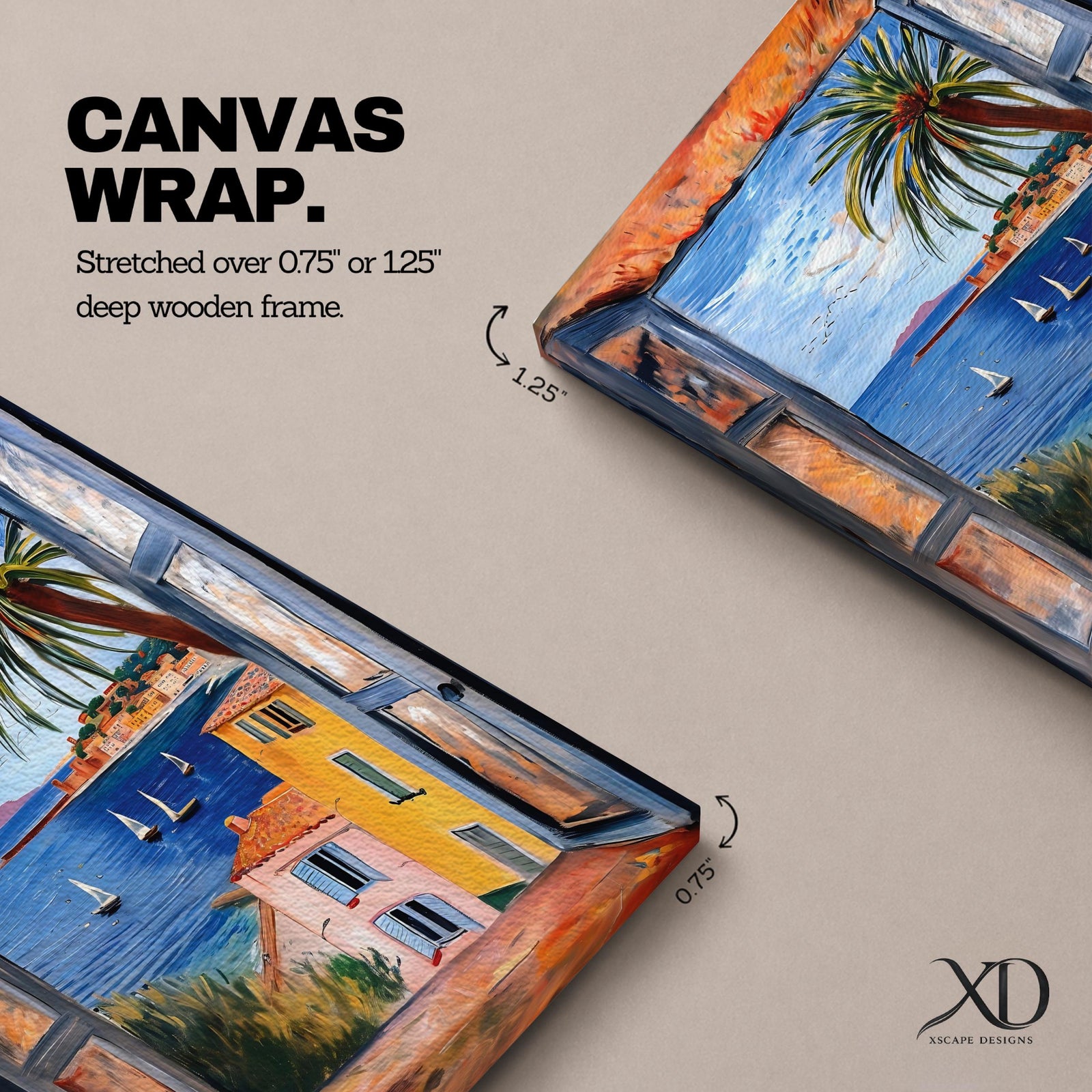 A framed canvas artwork depicting a coastal window view overlooking a Mediterranean ocean scene with sailboats on blue water, colorful buildings with terracotta roofs, and a palm tree, rendered in a realistic style capturing the serene seaside landscape.