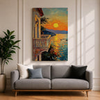 An impasto style painting depicting a sunset balcony overlooking a calm sea with boats and distant mountains. The textured brushstrokes create vibrant reflections of the sun on the water, framed by a Mediterranean-style balcony railing and building facade, capturing a serene coastal landscape.
