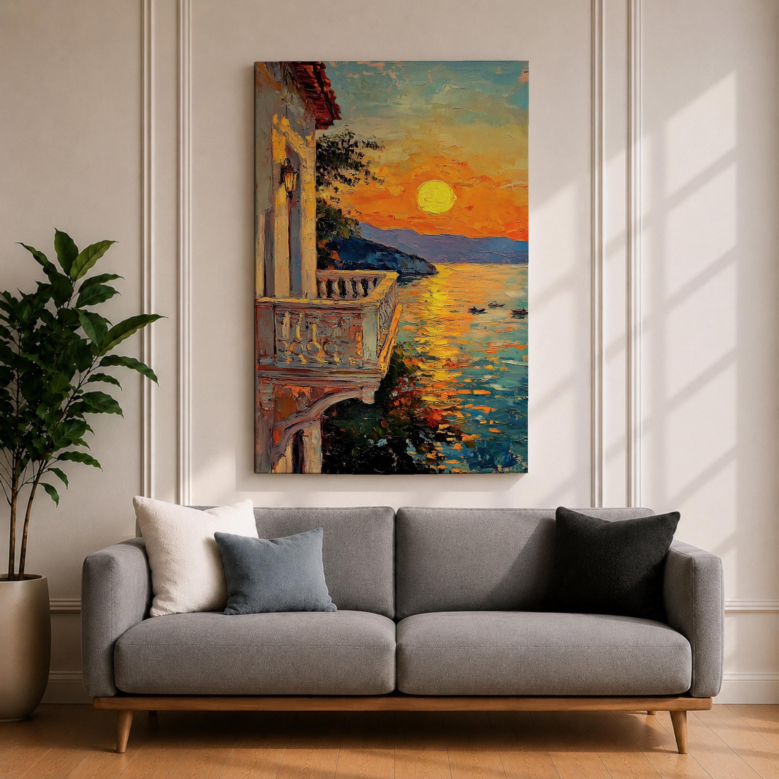 An impasto style painting depicting a sunset balcony overlooking a calm sea with boats and distant mountains. The textured brushstrokes create vibrant reflections of the sun on the water, framed by a Mediterranean-style balcony railing and building facade, capturing a serene coastal landscape.