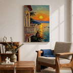 An impasto style painting depicting a sunset balcony overlooking a calm sea with boats and distant mountains. The textured brushstrokes create vibrant reflections of the sun on the water, framed by a Mediterranean-style balcony railing and building facade, capturing a serene coastal landscape.