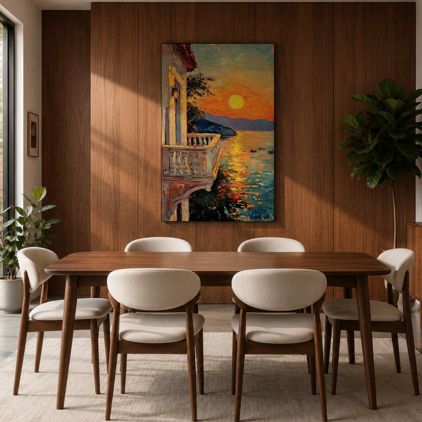 An impasto style painting depicting a sunset balcony overlooking a calm sea with boats and distant mountains. The textured brushstrokes create vibrant reflections of the sun on the water, framed by a Mediterranean-style balcony railing and building facade, capturing a serene coastal landscape.