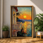 An impasto style painting depicting a sunset balcony overlooking a calm sea with boats and distant mountains. The textured brushstrokes create vibrant reflections of the sun on the water, framed by a Mediterranean-style balcony railing and building facade, capturing a serene coastal landscape.