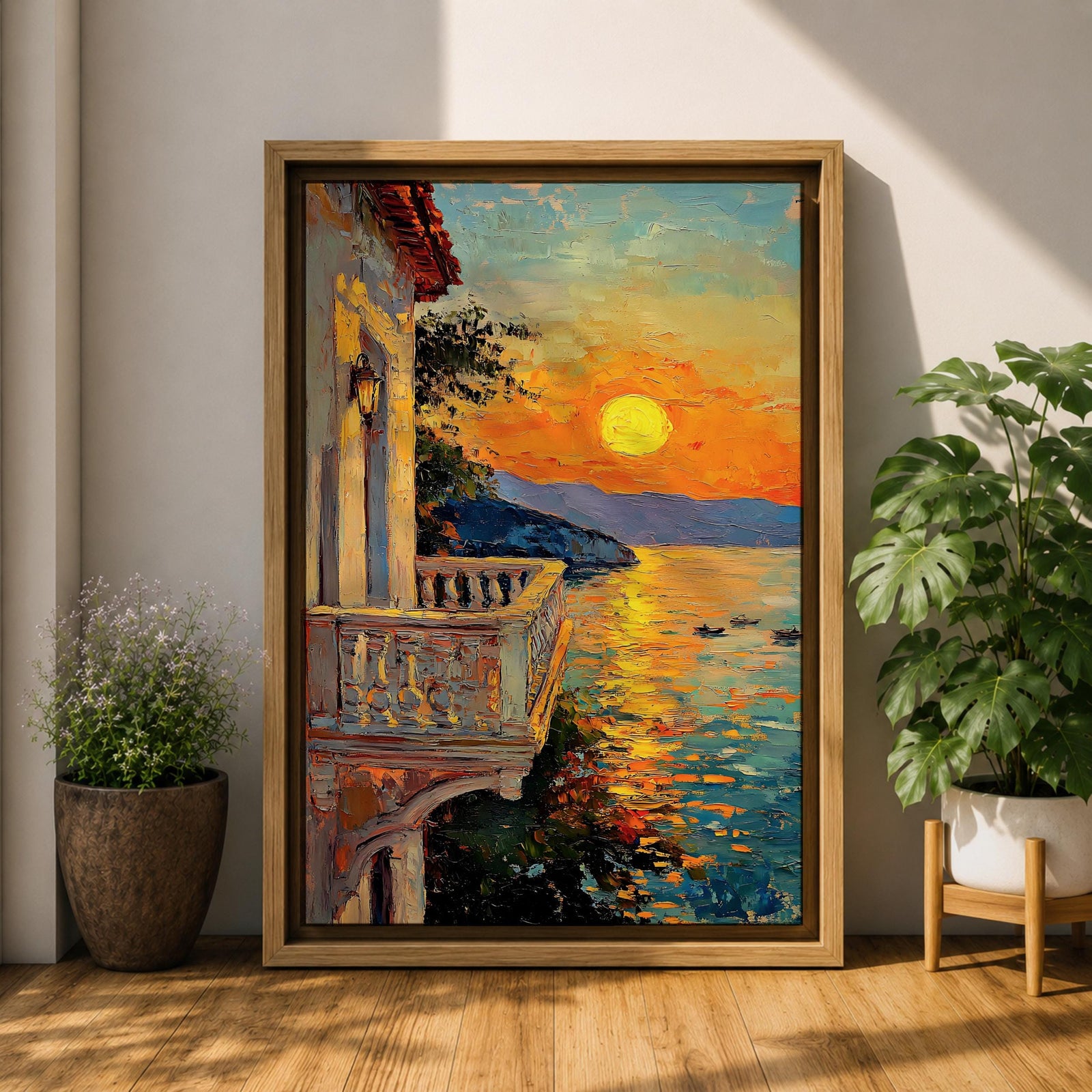 An impasto style painting depicting a sunset balcony overlooking a calm sea with boats and distant mountains. The textured brushstrokes create vibrant reflections of the sun on the water, framed by a Mediterranean-style balcony railing and building facade, capturing a serene coastal landscape.