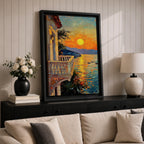 An impasto style painting depicting a sunset balcony overlooking a calm sea with boats and distant mountains. The textured brushstrokes create vibrant reflections of the sun on the water, framed by a Mediterranean-style balcony railing and building facade, capturing a serene coastal landscape.