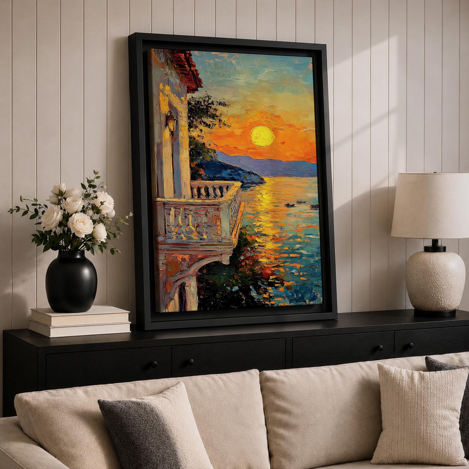 An impasto style painting depicting a sunset balcony overlooking a calm sea with boats and distant mountains. The textured brushstrokes create vibrant reflections of the sun on the water, framed by a Mediterranean-style balcony railing and building facade, capturing a serene coastal landscape.