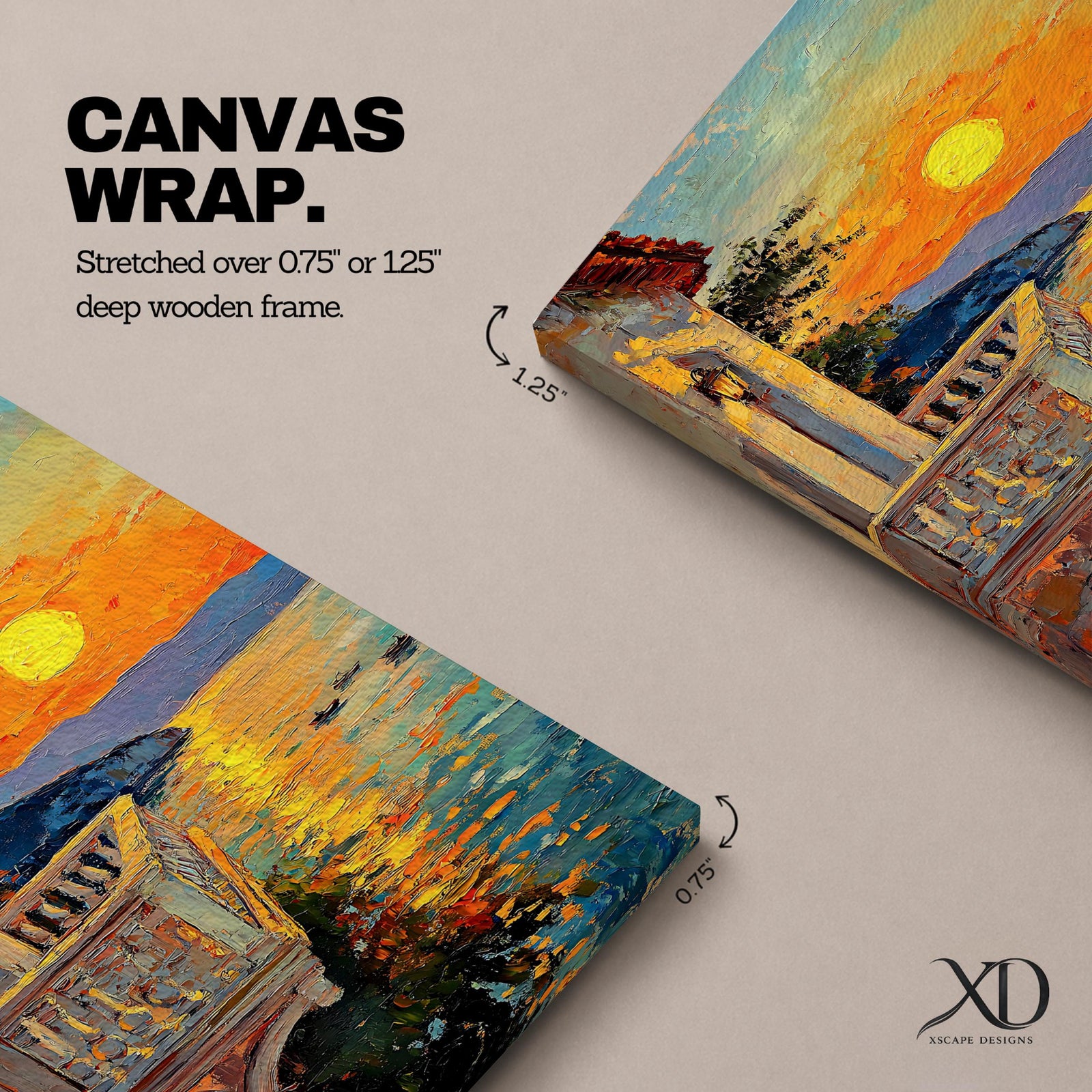 An impasto style painting depicting a sunset balcony overlooking a calm sea with boats and distant mountains. The textured brushstrokes create vibrant reflections of the sun on the water, framed by a Mediterranean-style balcony railing and building facade, capturing a serene coastal landscape.