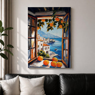 An impasto style painting of an open window with vibrant oranges on the sill and hanging branches, overlooking a Mediterranean coastal village with white buildings, blue sea, and distant mountains, capturing a rustic landscape scene full of texture and color.