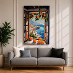 An impasto style painting of an open window with vibrant oranges on the sill and hanging branches, overlooking a Mediterranean coastal village with white buildings, blue sea, and distant mountains, capturing a rustic landscape scene full of texture and color.