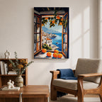 An impasto style painting of an open window with vibrant oranges on the sill and hanging branches, overlooking a Mediterranean coastal village with white buildings, blue sea, and distant mountains, capturing a rustic landscape scene full of texture and color.