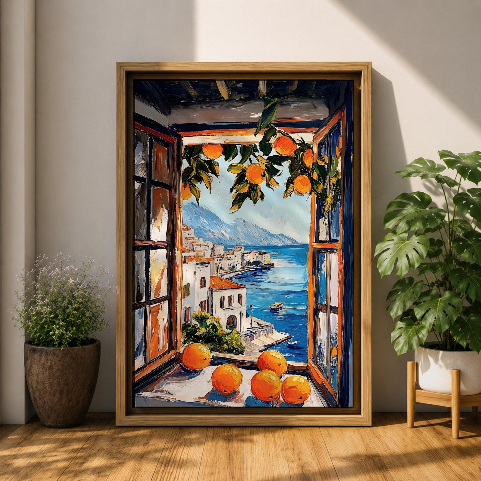 An impasto style painting of an open window with vibrant oranges on the sill and hanging branches, overlooking a Mediterranean coastal village with white buildings, blue sea, and distant mountains, capturing a rustic landscape scene full of texture and color.