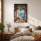 An impasto style painting of an open window with vibrant oranges on the sill and hanging branches, overlooking a Mediterranean coastal village with white buildings, blue sea, and distant mountains, capturing a rustic landscape scene full of texture and color.
