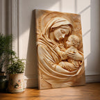 Relief style artwork of the Madonna and Child showing the Virgin Mary gently holding the infant Jesus close to her chest while gazing at him with a peaceful expression, rendered in a monochrome carved stone appearance with soft sculptural textures that emphasize the maternal embrace and sacred Christian iconography.