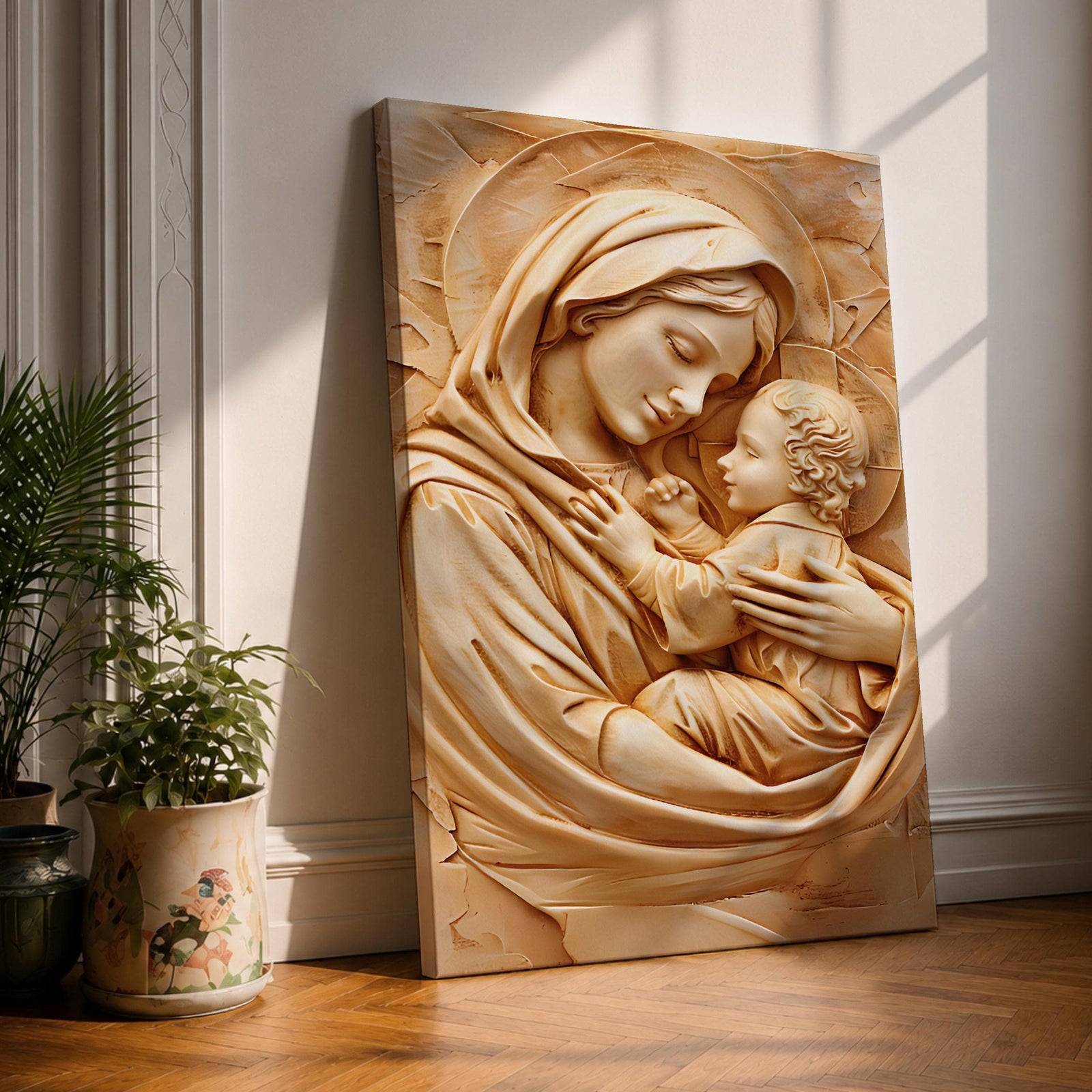 Relief style artwork of the Madonna and Child showing the Virgin Mary gently holding the infant Jesus close to her chest while gazing at him with a peaceful expression, rendered in a monochrome carved stone appearance with soft sculptural textures that emphasize the maternal embrace and sacred Christian iconography.