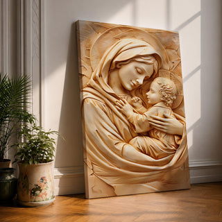 Relief style artwork of the Madonna and Child showing the Virgin Mary gently holding the infant Jesus close to her chest while gazing at him with a peaceful expression, rendered in a monochrome carved stone appearance with soft sculptural textures that emphasize the maternal embrace and sacred Christian iconography.