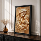 Relief style artwork of the Madonna and Child showing the Virgin Mary gently holding the infant Jesus close to her chest while gazing at him with a peaceful expression, rendered in a monochrome carved stone appearance with soft sculptural textures that emphasize the maternal embrace and sacred Christian iconography.