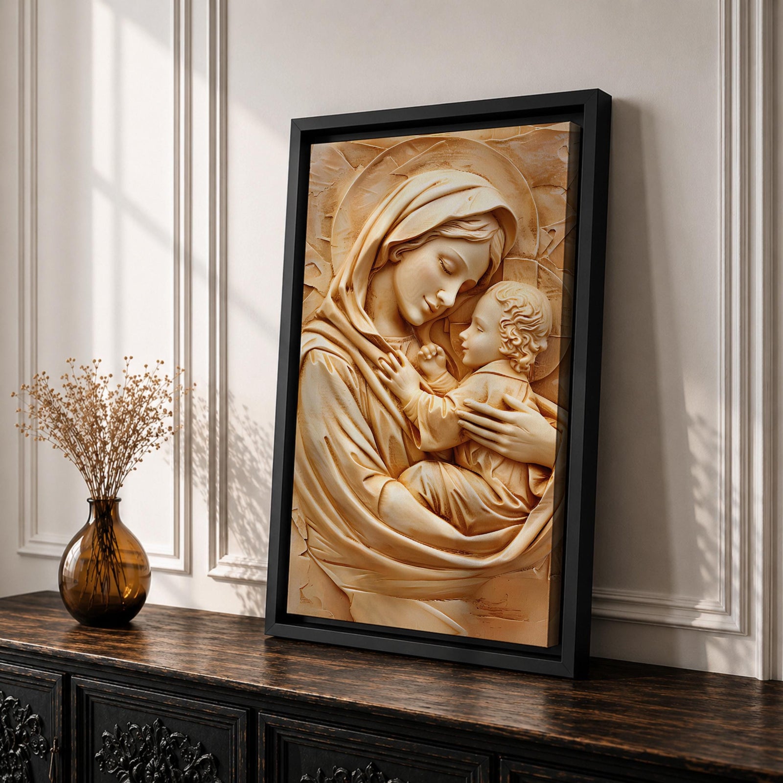 Relief style artwork of the Madonna and Child showing the Virgin Mary gently holding the infant Jesus close to her chest while gazing at him with a peaceful expression, rendered in a monochrome carved stone appearance with soft sculptural textures that emphasize the maternal embrace and sacred Christian iconography.