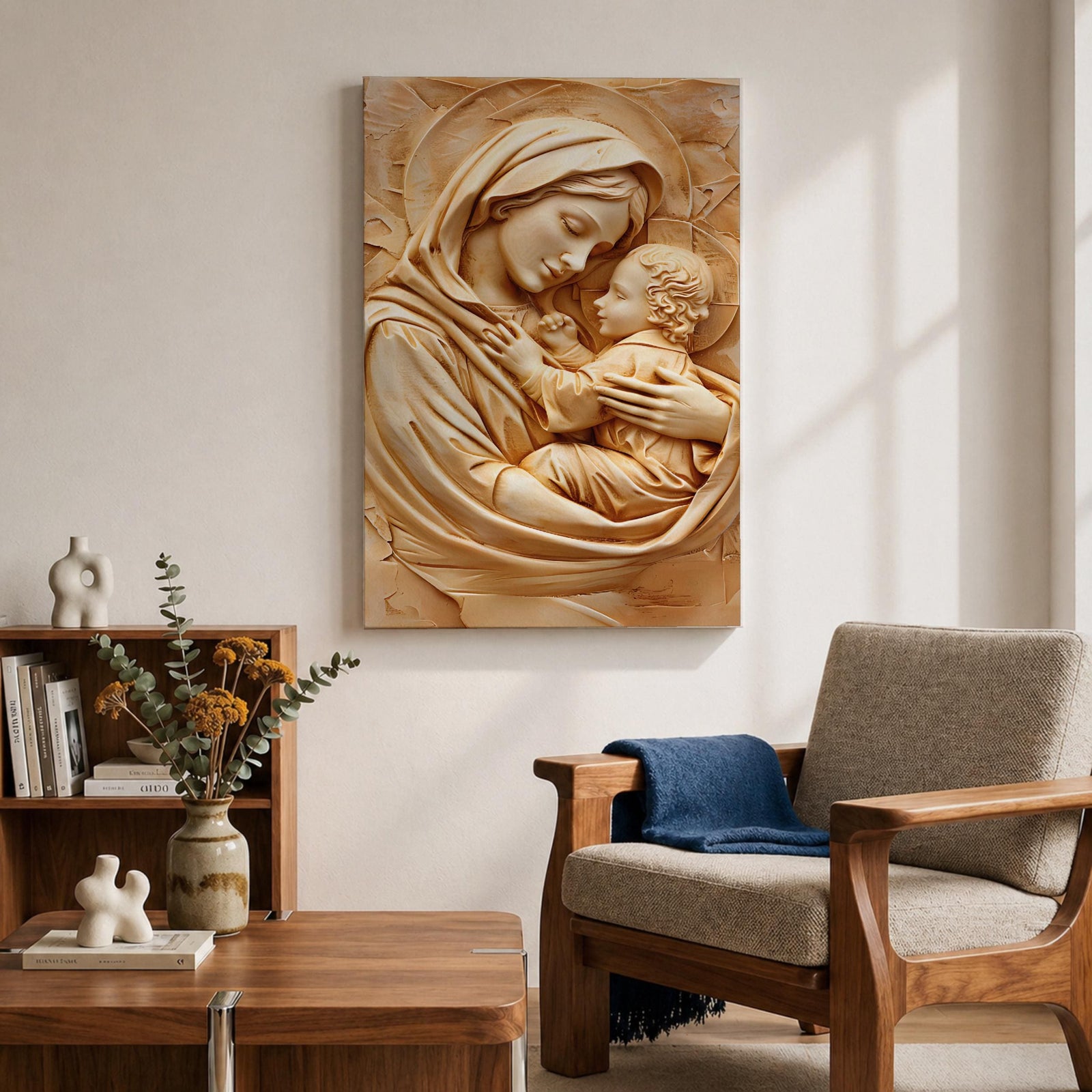 Relief style artwork of the Madonna and Child showing the Virgin Mary gently holding the infant Jesus close to her chest while gazing at him with a peaceful expression, rendered in a monochrome carved stone appearance with soft sculptural textures that emphasize the maternal embrace and sacred Christian iconography.