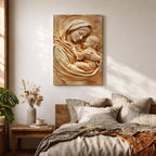 Relief style artwork of the Madonna and Child showing the Virgin Mary gently holding the infant Jesus close to her chest while gazing at him with a peaceful expression, rendered in a monochrome carved stone appearance with soft sculptural textures that emphasize the maternal embrace and sacred Christian iconography.