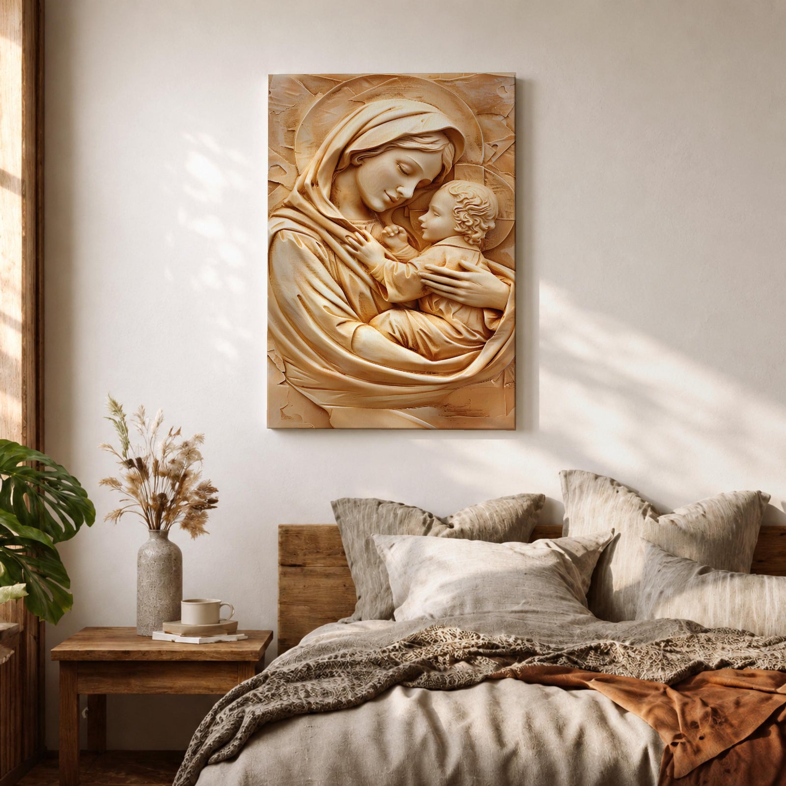 Relief style artwork of the Madonna and Child showing the Virgin Mary gently holding the infant Jesus close to her chest while gazing at him with a peaceful expression, rendered in a monochrome carved stone appearance with soft sculptural textures that emphasize the maternal embrace and sacred Christian iconography.