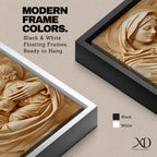 Relief style artwork of the Madonna and Child showing the Virgin Mary gently holding the infant Jesus close to her chest while gazing at him with a peaceful expression, rendered in a monochrome carved stone appearance with soft sculptural textures that emphasize the maternal embrace and sacred Christian iconography.