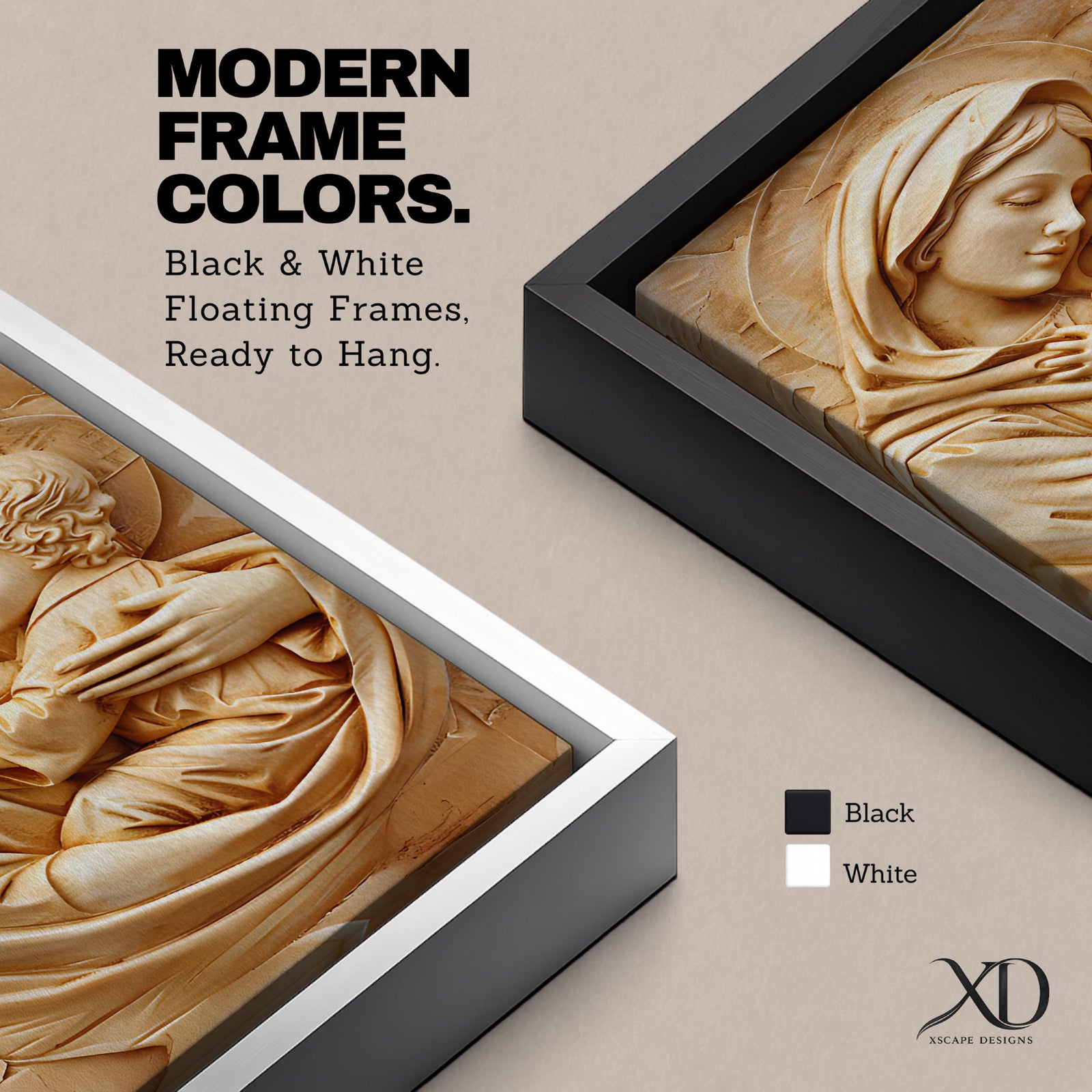 Relief style artwork of the Madonna and Child showing the Virgin Mary gently holding the infant Jesus close to her chest while gazing at him with a peaceful expression, rendered in a monochrome carved stone appearance with soft sculptural textures that emphasize the maternal embrace and sacred Christian iconography.