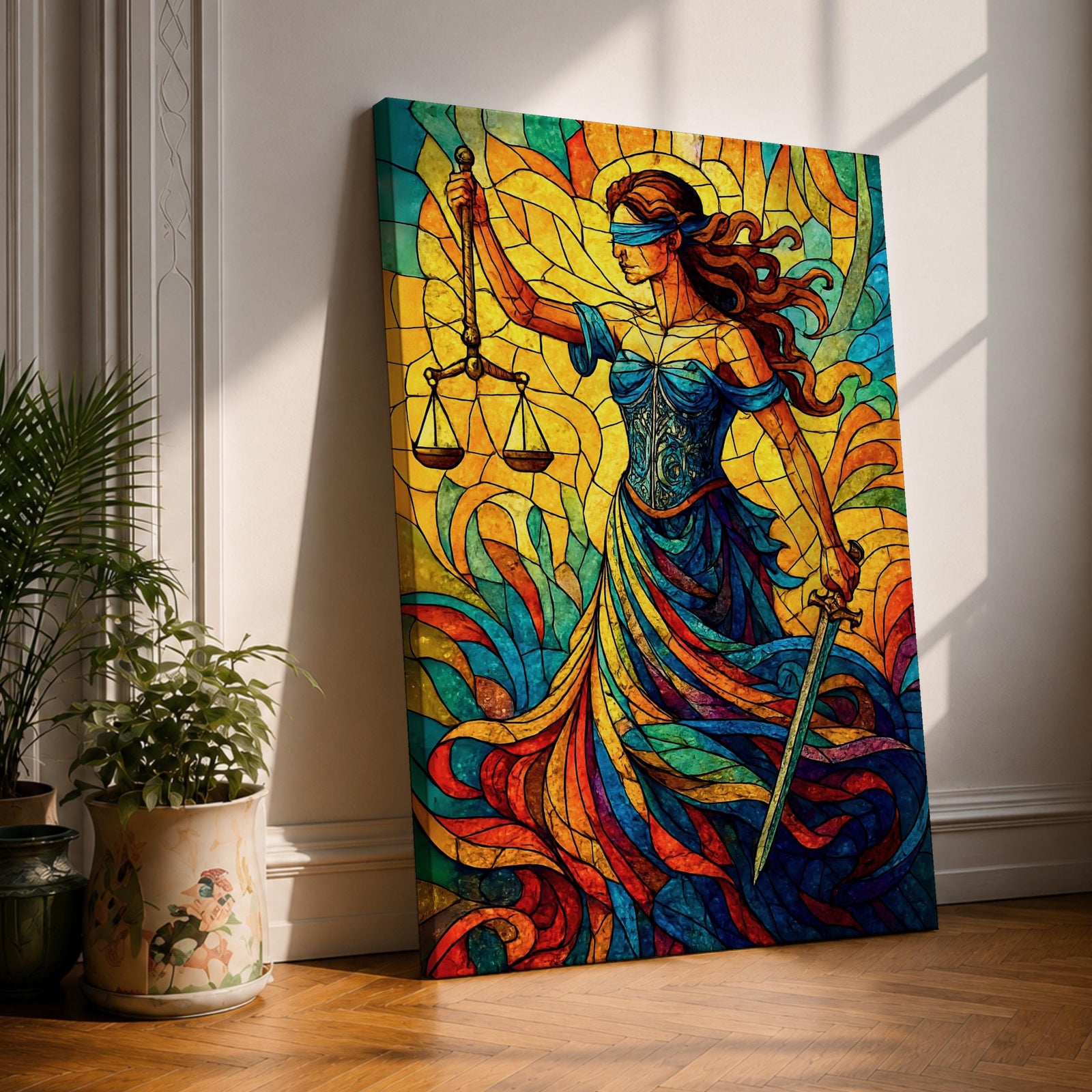 Lady Justice Wall Art Legal Symbol Themis Mythology Stained Glass Gift Office Home Decor