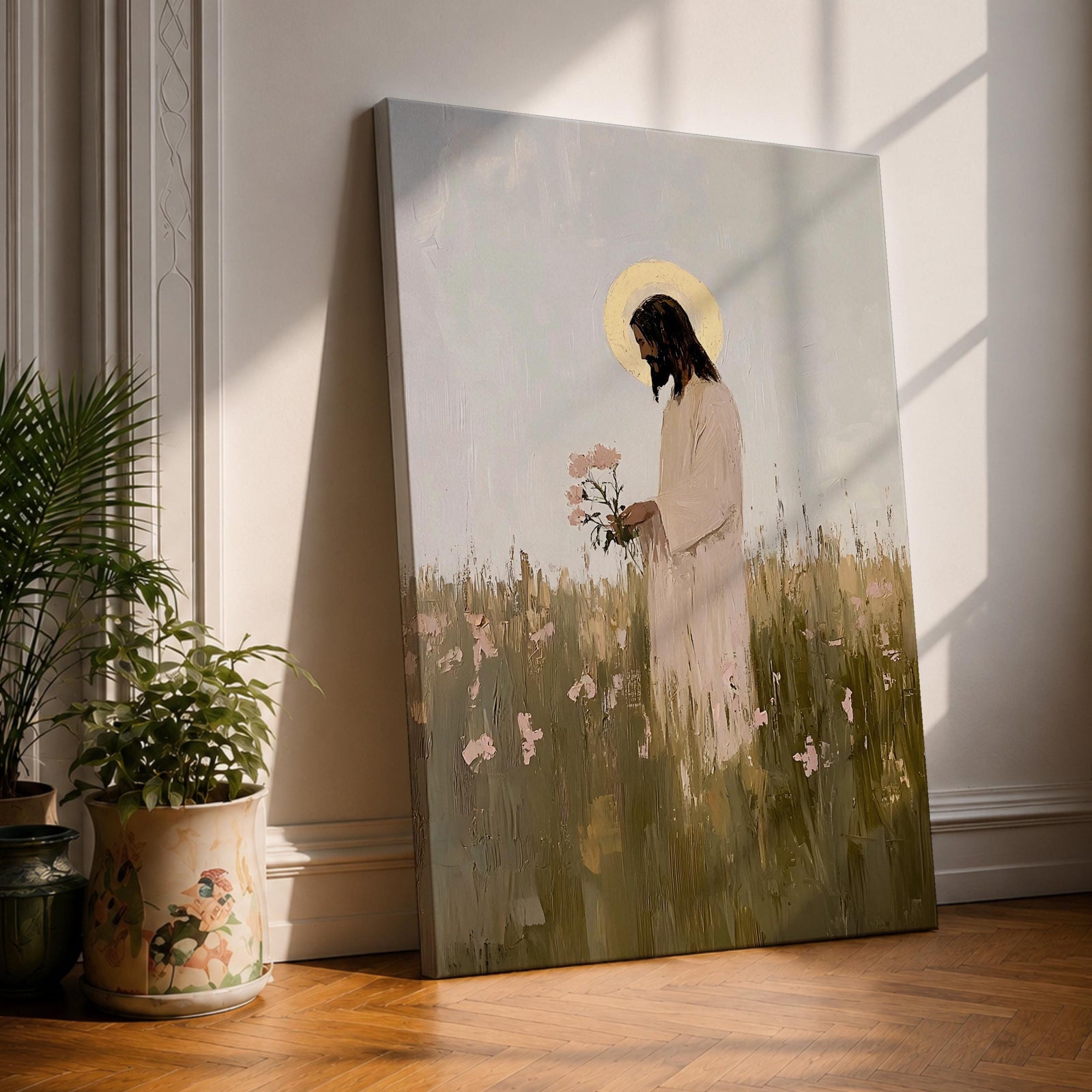 A textured impasto style painting of Jesus standing in a floral meadow holding pink flowers, with a glowing halo behind his head. The artwork captures a serene and contemplative moment, blending soft natural elements with religious Christian symbolism in a modern impasto technique.