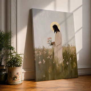 A textured impasto style painting of Jesus standing in a floral meadow holding pink flowers, with a glowing halo behind his head. The artwork captures a serene and contemplative moment, blending soft natural elements with religious Christian symbolism in a modern impasto technique.