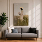 A textured impasto style painting of Jesus standing in a floral meadow holding pink flowers, with a glowing halo behind his head. The artwork captures a serene and contemplative moment, blending soft natural elements with religious Christian symbolism in a modern impasto technique.