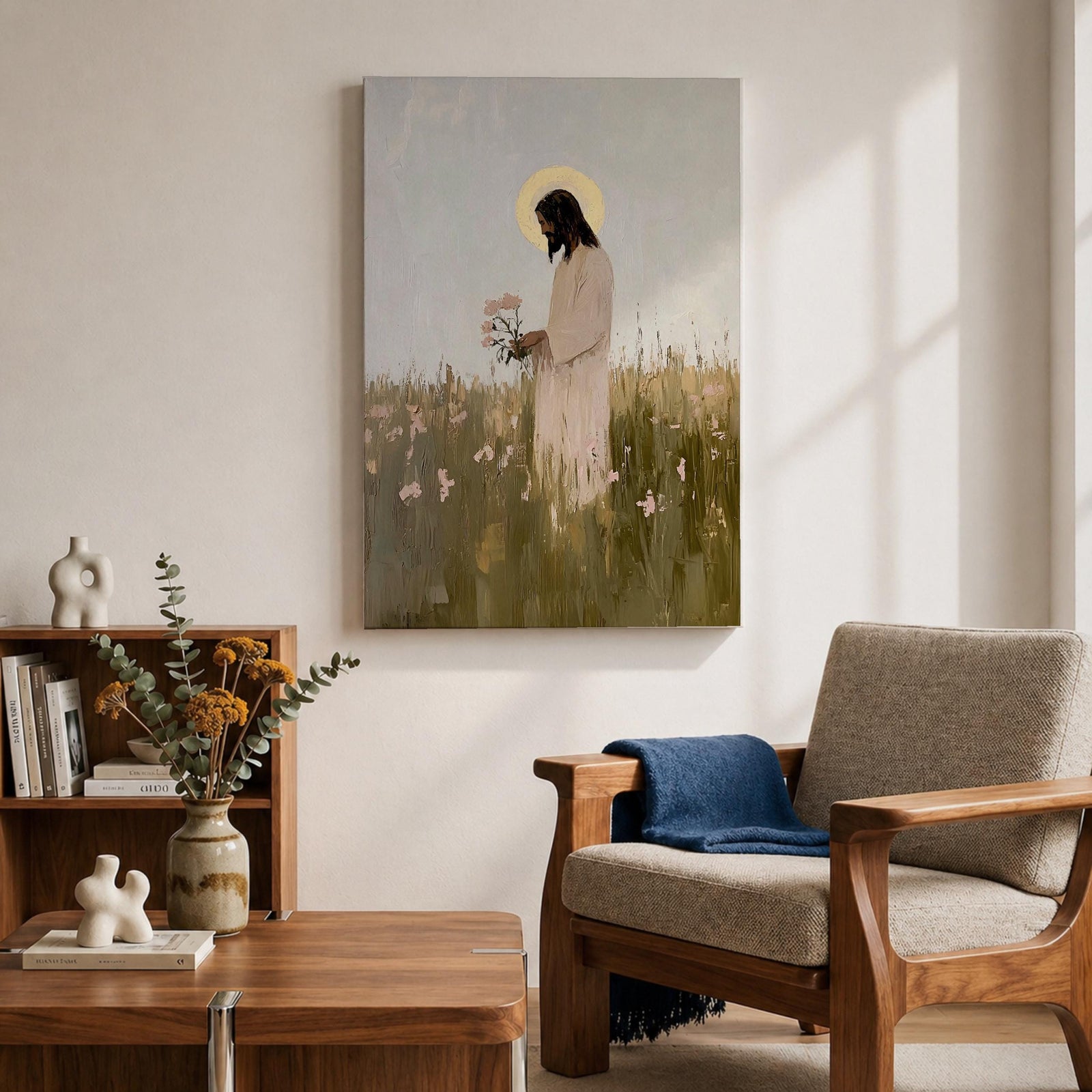 A textured impasto style painting of Jesus standing in a floral meadow holding pink flowers, with a glowing halo behind his head. The artwork captures a serene and contemplative moment, blending soft natural elements with religious Christian symbolism in a modern impasto technique.