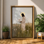 A textured impasto style painting of Jesus standing in a floral meadow holding pink flowers, with a glowing halo behind his head. The artwork captures a serene and contemplative moment, blending soft natural elements with religious Christian symbolism in a modern impasto technique.