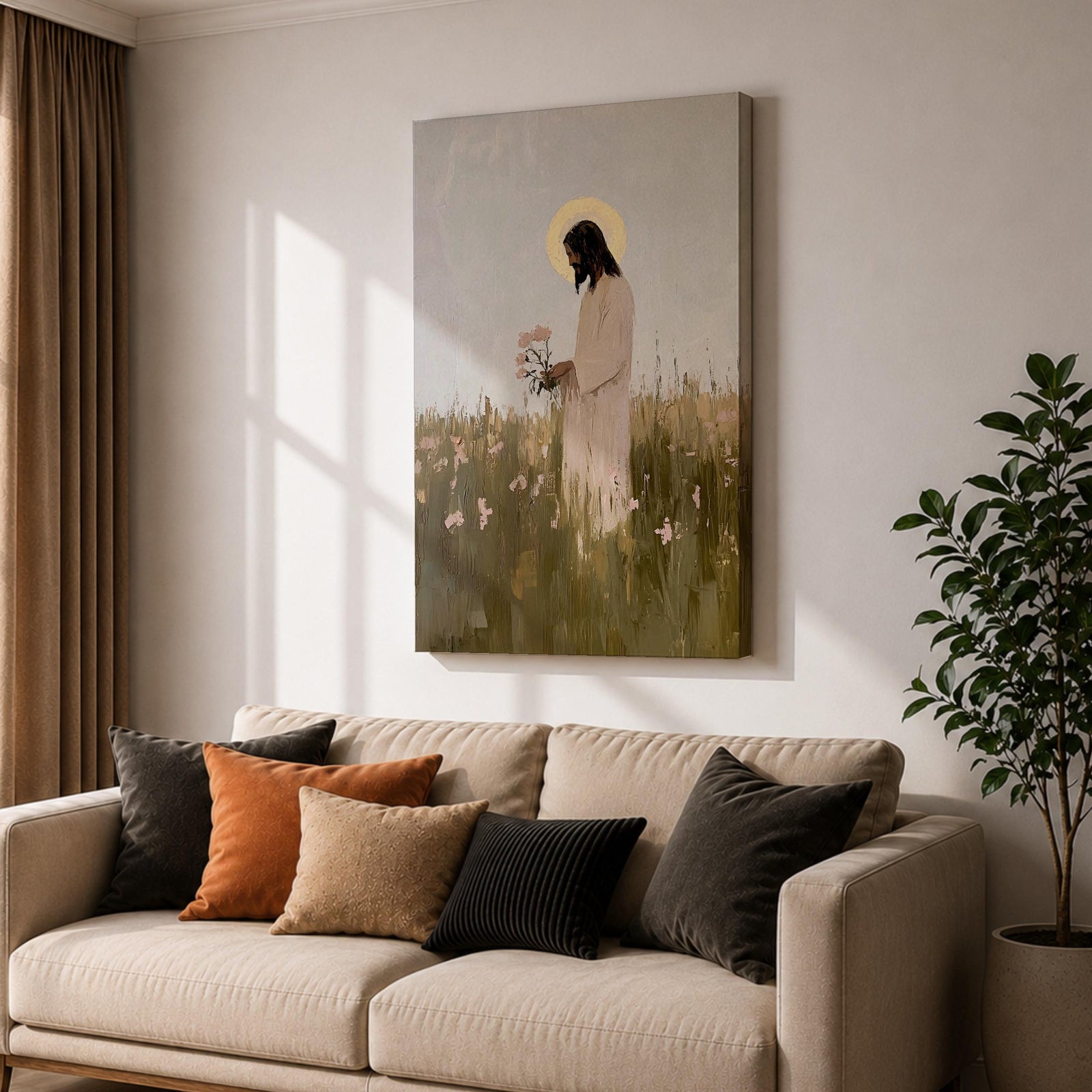 A textured impasto style painting of Jesus standing in a floral meadow holding pink flowers, with a glowing halo behind his head. The artwork captures a serene and contemplative moment, blending soft natural elements with religious Christian symbolism in a modern impasto technique.