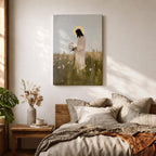 A textured impasto style painting of Jesus standing in a floral meadow holding pink flowers, with a glowing halo behind his head. The artwork captures a serene and contemplative moment, blending soft natural elements with religious Christian symbolism in a modern impasto technique.