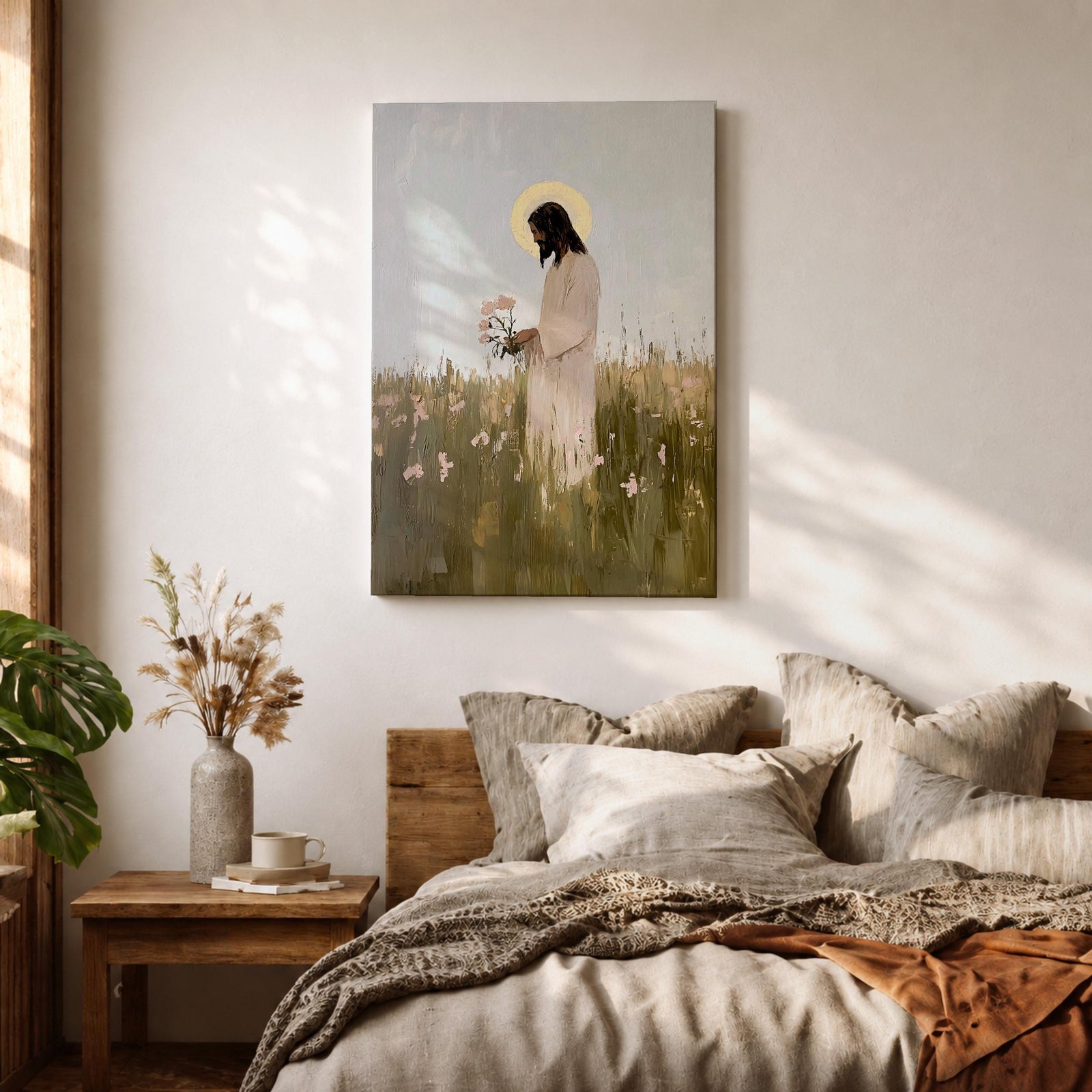 A textured impasto style painting of Jesus standing in a floral meadow holding pink flowers, with a glowing halo behind his head. The artwork captures a serene and contemplative moment, blending soft natural elements with religious Christian symbolism in a modern impasto technique.