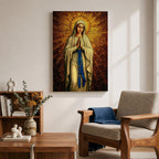 A stained glass style artwork depicting Our Lady of Fatima standing with hands clasped in prayer, wearing a flowing robe and a blue sash with rosary beads. The background features radiant golden mosaic tiles arranged in a halo pattern emphasizing the figure’s serene expression and sacred presence.