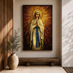A stained glass style artwork depicting Our Lady of Fatima standing with hands clasped in prayer, wearing a flowing robe and a blue sash with rosary beads. The background features radiant golden mosaic tiles arranged in a halo pattern emphasizing the figure’s serene expression and sacred presence.