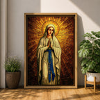 A stained glass style artwork depicting Our Lady of Fatima standing with hands clasped in prayer, wearing a flowing robe and a blue sash with rosary beads. The background features radiant golden mosaic tiles arranged in a halo pattern emphasizing the figure’s serene expression and sacred presence.