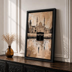 Abstract painting of the Kaaba at Masjid Al Haram in Mecca, featuring the black cubic shrine centered in the mosque courtyard with surrounding arches, minarets, and distant worshippers, rendered in warm beige and sepia tones with expressive textured brushwork.