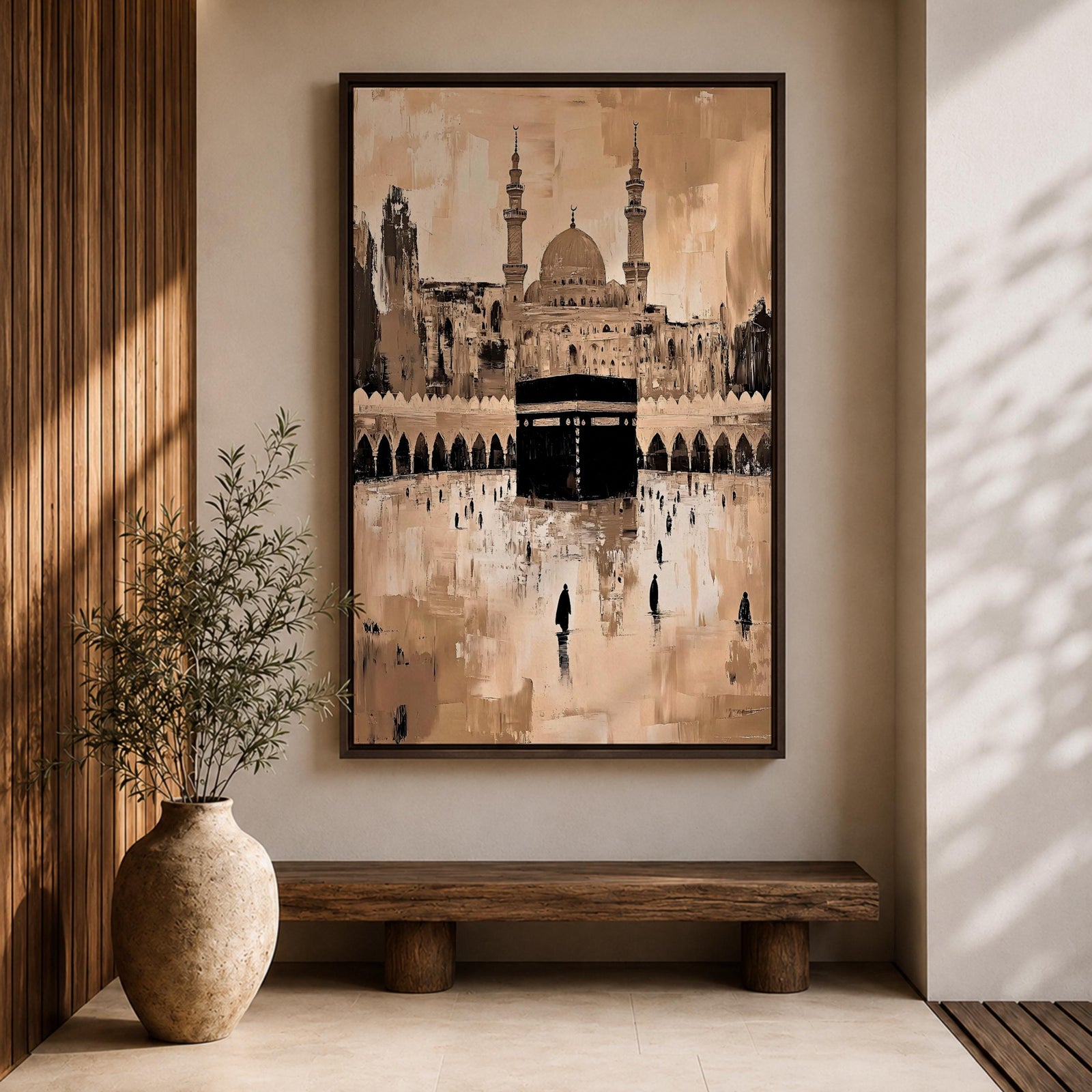 Abstract painting of the Kaaba at Masjid Al Haram in Mecca, featuring the black cubic shrine centered in the mosque courtyard with surrounding arches, minarets, and distant worshippers, rendered in warm beige and sepia tones with expressive textured brushwork.