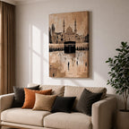 Abstract painting of the Kaaba at Masjid Al Haram in Mecca, featuring the black cubic shrine centered in the mosque courtyard with surrounding arches, minarets, and distant worshippers, rendered in warm beige and sepia tones with expressive textured brushwork.